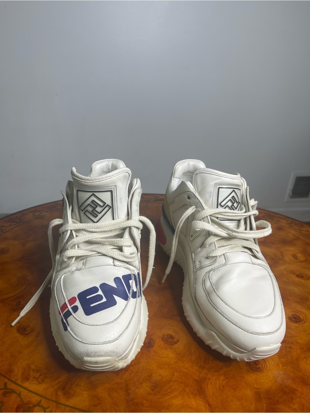 Fendi White Leather Sneakers with Blue & Red Logo